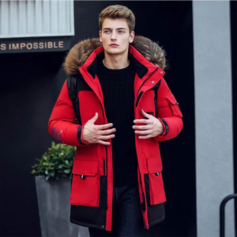 red Зимние куртки, мужские парки, теплое длинное пальто, ветрозащитное пальто с воротником из меха енота, толстое пальто с капюшоном, верхняя одежда EW103 - Цвет: red