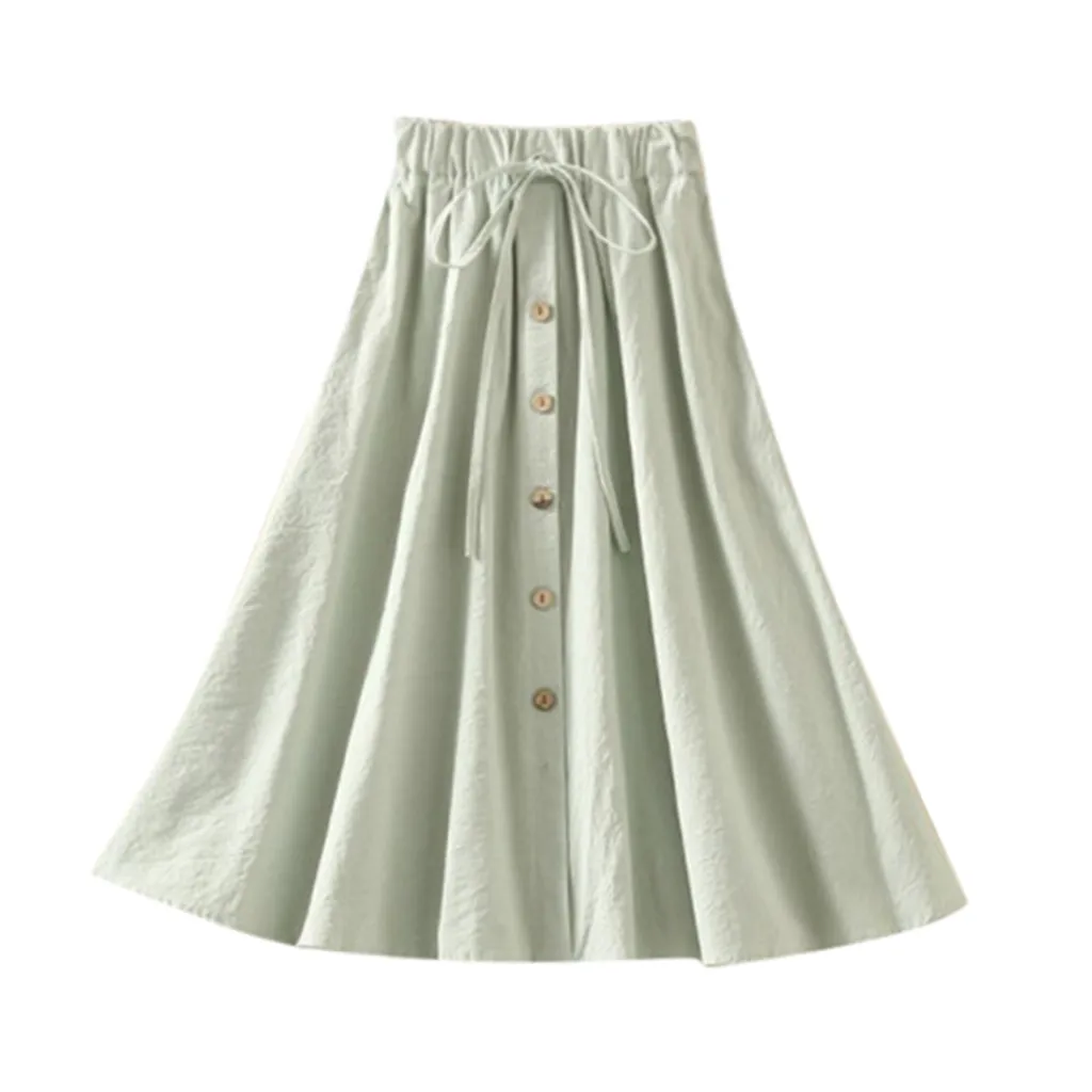 Mint Green Летние Осенние женские юбки миди длиной до колена, Корейская элегантная свободная однотонная льняная юбка с кружевной талией и пуговицами для отдыха W425 - Цвет: Mint Green