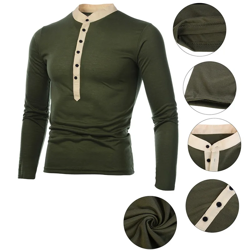 Мужская футболка на пуговицах HEFLASHOR однотонная облегающая с длинным рукавом и