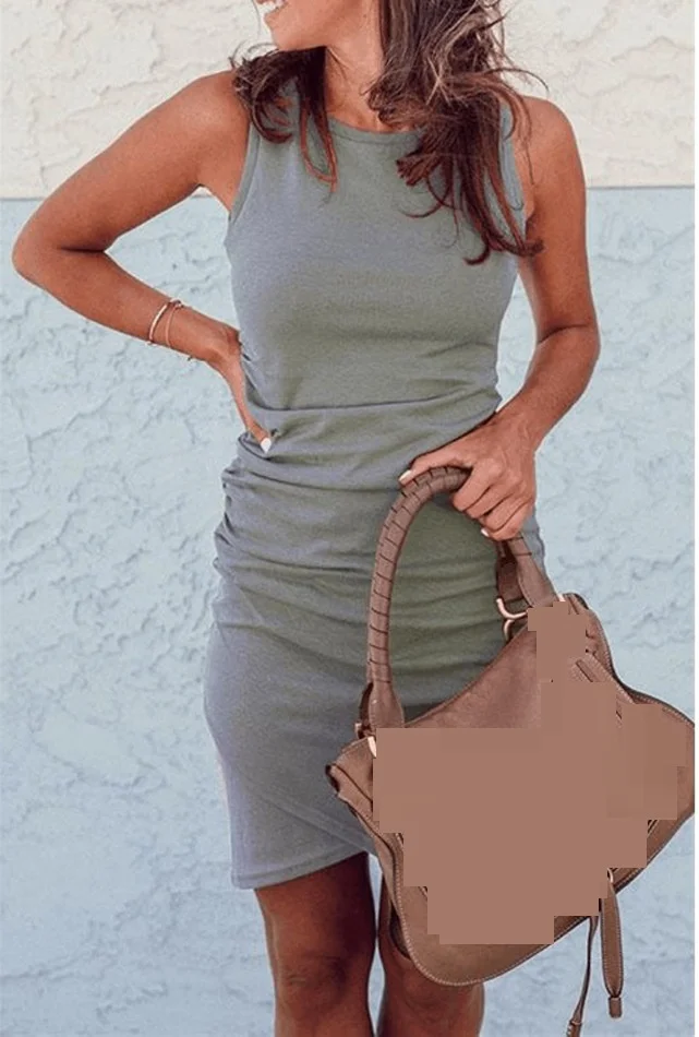 Summer women sleeveless irregular sheath dress sukienka Casual slim bodycon ruched Green black navy blue frocks | Женская одежда