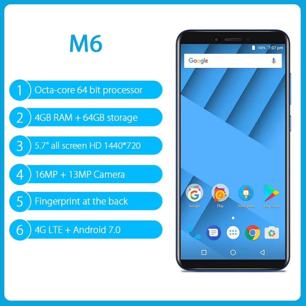 Vernee M6 5 7 дюймов 4GB 64GB смартфон 16MP камеры 4 аппарат не привязан к оператору сотовой