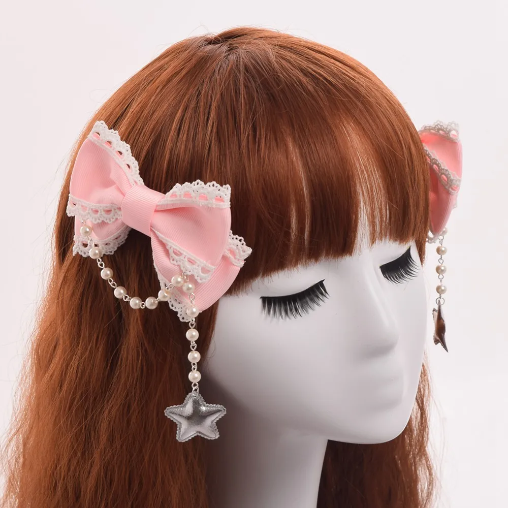 

1 Pair Lolita Bowknot Hairpin Bead Chain Star Cute Kawaii Hair Clip Cosplay Props