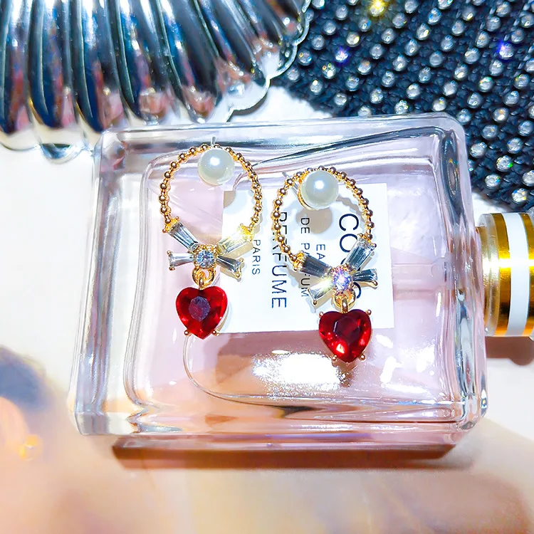 S925 Silver Simple Red Crystal Love Earring Geometry Round Inlaid Pearl For Women Fashion Jewelry 2019 | Украшения и аксессуары