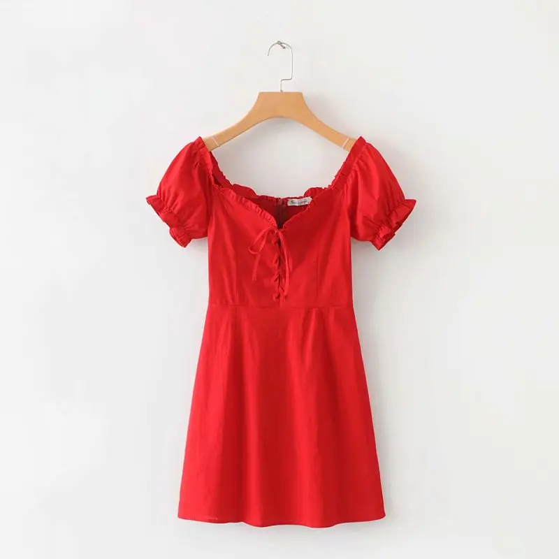 Красный Vestidos летнее богемное кружевное платье с квадратным воротником элегантное женское мини пляжное платье Красное Белое корейское модное уличная одежда - Цвет: Красный