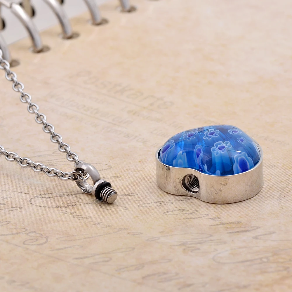 Blue Glass Heart Cremation Urn Necklace Memorial Jewelry Stainless steel Ashes Keepsake 316 L Health | Украшения и аксессуары
