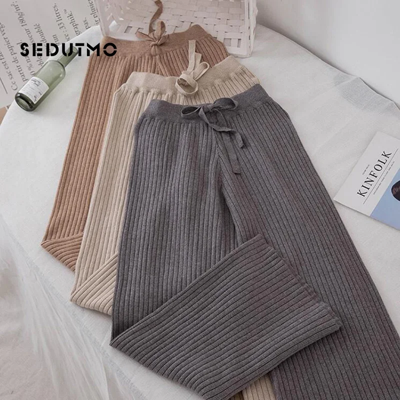 

SEDUTMO Winter High Waist Wide Leg Pant Women Loose Knitted Trousers Elastic Pants Streetwear Casual Black Sweatpants ED584
