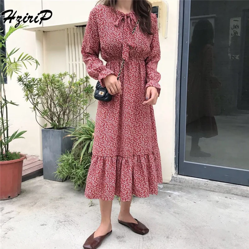 Hzirip 2018 Women Dress Summer Casual Floral Print Chiffon Dresses Ladies Long Lantern Sleeve V-Neck Bow Mid-Calf Vestidos |