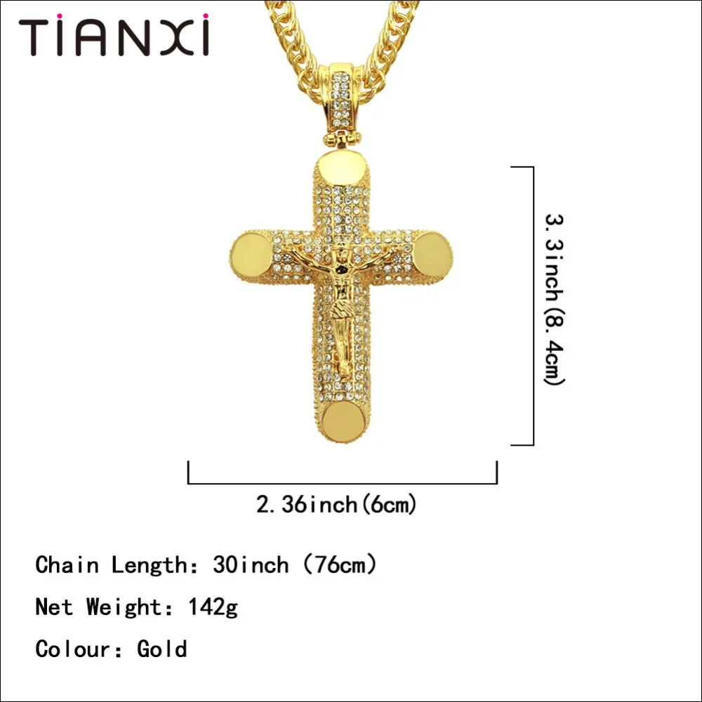 Hip Hop Alloy Gold Color Cross Pendant Necklace Religious Iced Out crystal Crucfix Jewely For Men Free Chain |
