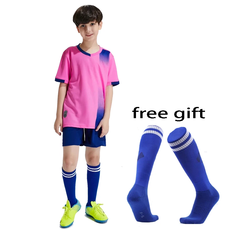 Детские футбольные майки для мальчиков и девочек с коротким рукавом, комплекты футбольной формы для детей, на заказ, в комплекте бесплатные носки.