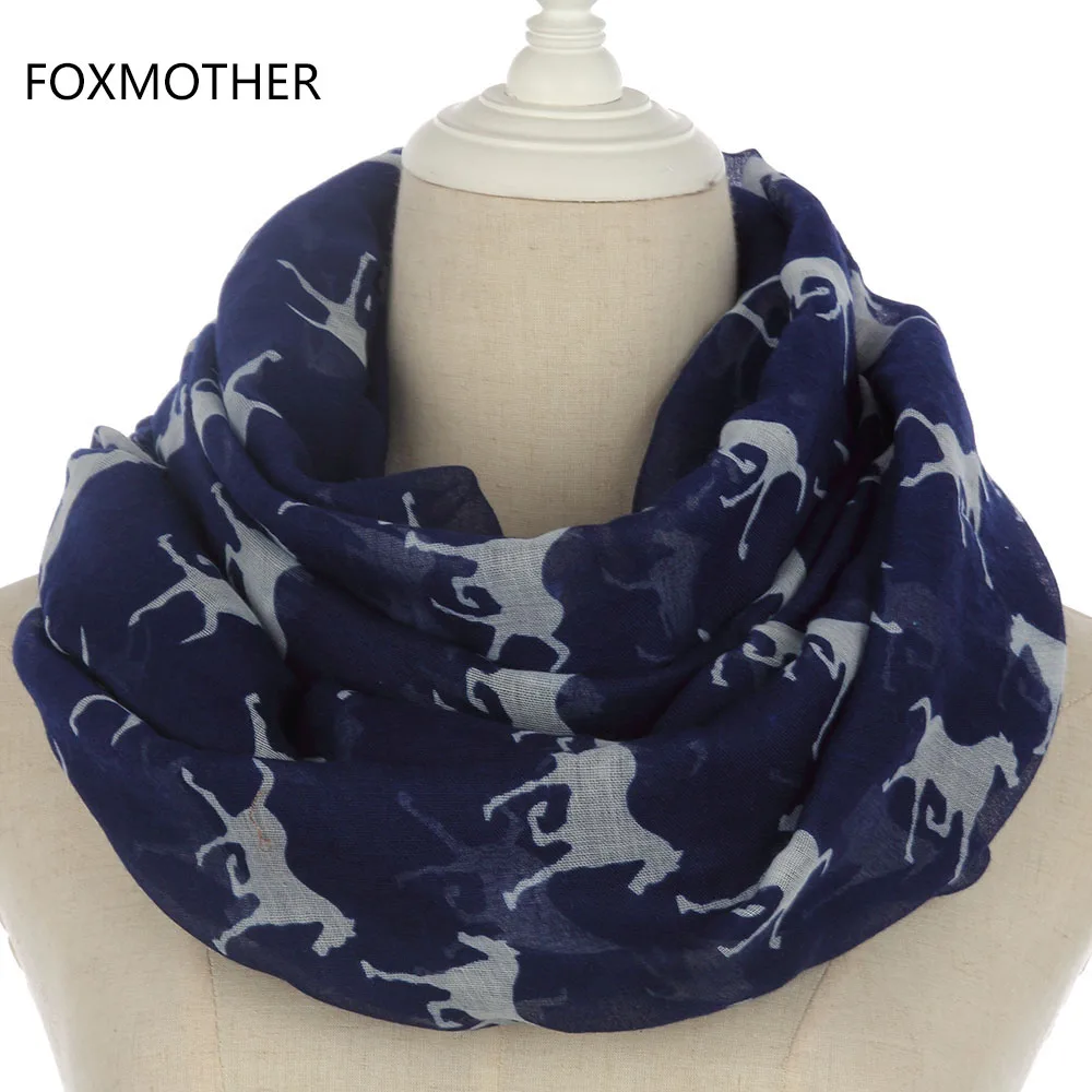 Женская шаль с лошадьми FOXMOTHER черная серая темно синяя лошадьми|infinity scarf|horse infinity