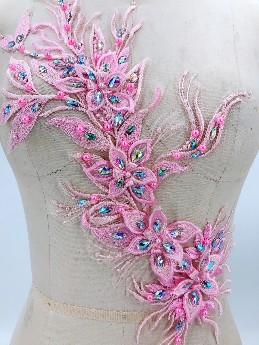 

big deep pink Three-dimensional lace applique with handsewing beads rhinestones trimming patches 45*20cm for dress accessory