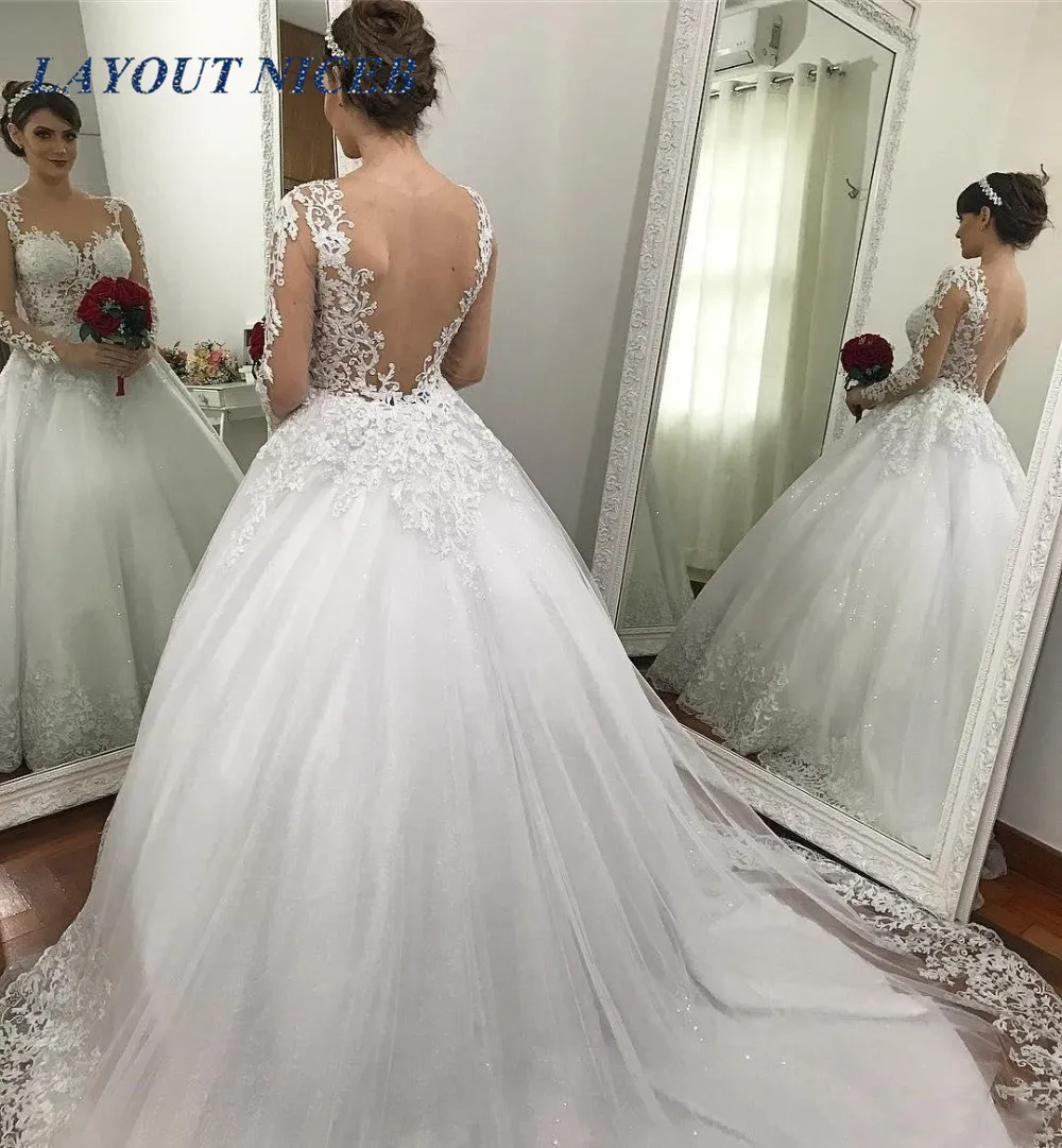 Vintage 2019 Sheer Neck Ball Gown Wedding Dresses Long Sleeves Illusion Back Court Train Lace Bridal Gowns Custom Made | Свадьбы и