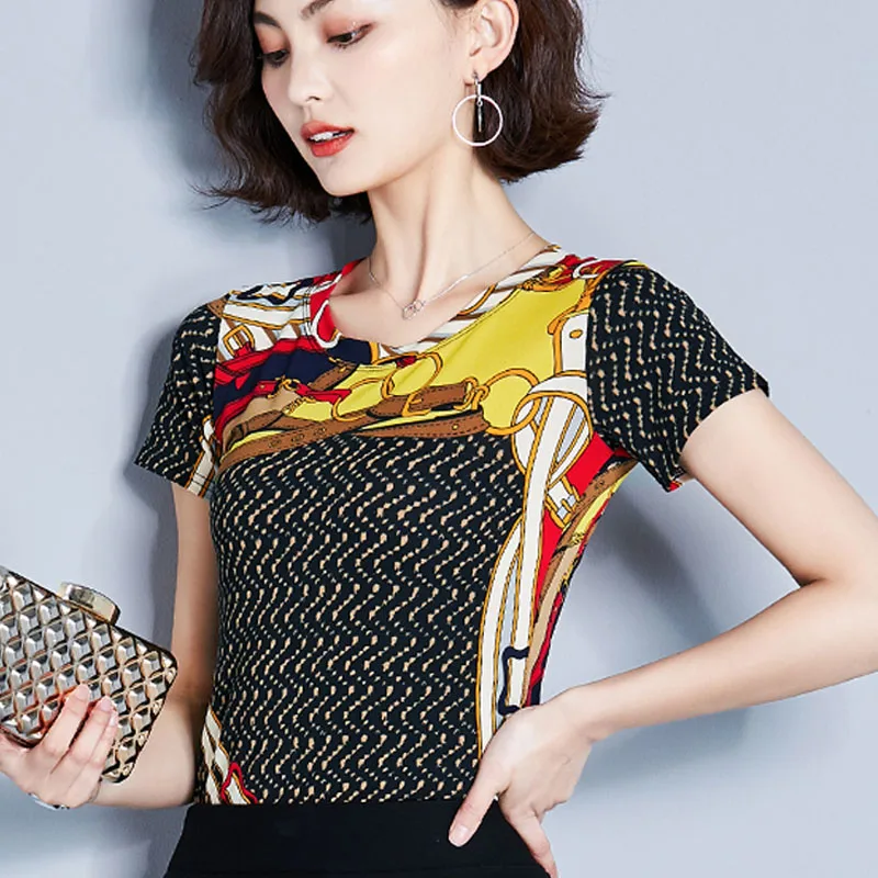 

2019 fashion summer short shirts lady top O-neck printing pattern Slim fit casual Lady top Women short retro sleeve tops 3784 50