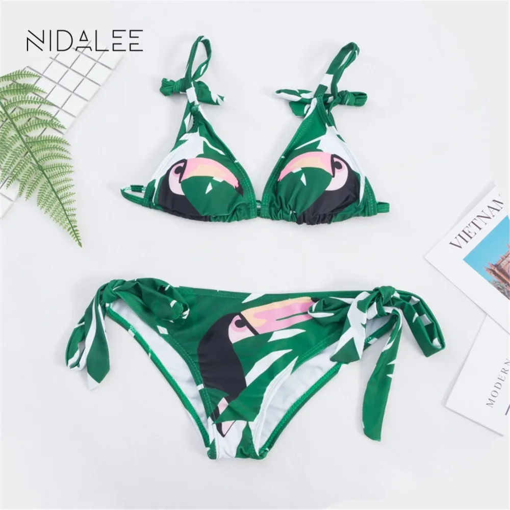 Новинка треугольные бандажные купальники 2019 зеленые бикини сексуальный