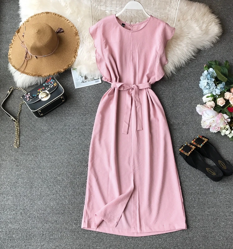 

Women's spring summer butterfly sleeve solid medium long dress female high waist slim chic dress TB1230