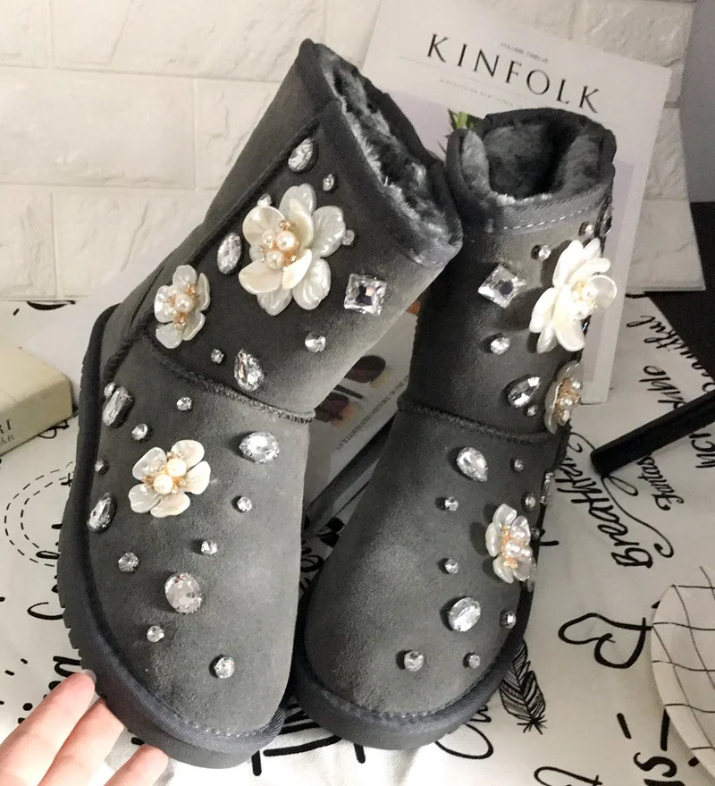 Стиль бренда hand-made драгоценный камень стразы из натуральной коровьей кожи для снежной погоды ботинки с узким голенищем на толстой подошве; теплые женские сапоги