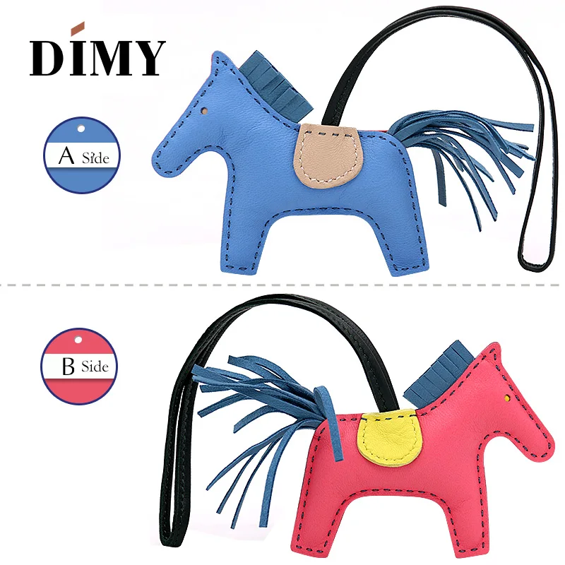 Hand Stitching Mini Leather Horse For Women's Bag Ornament 2-side Bicolor Sheepskin Fringed Petit Pony Rodeo Charm Pendant Bag