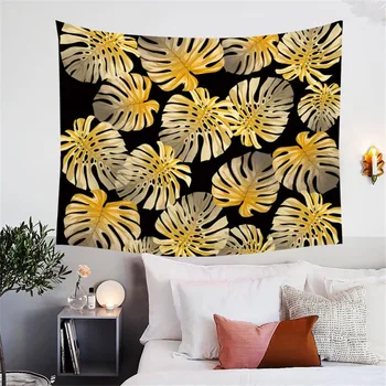 BlessLiving Modern Leaf Tapestry Wall Hanging Tropical Leaves Nature Home Decor for Bedroom Living Room Black White Golden Sheet 2