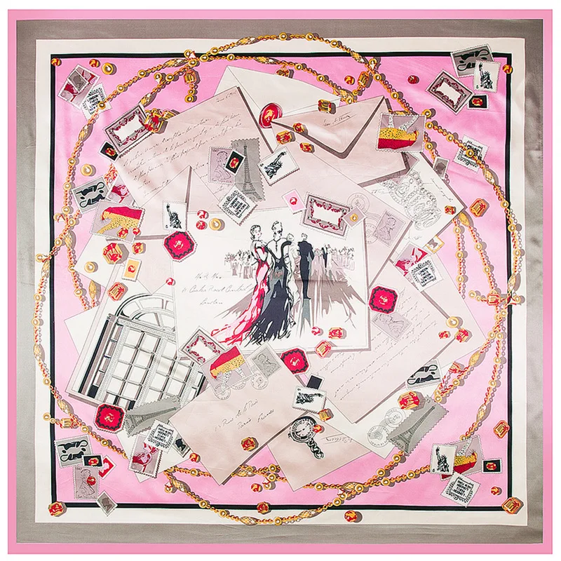 90x90cm Winter Imitation Silk Scarf Big Square Handkerchief Luxury City Building Poster Card Envelop Patchwork Gils Scarves Hot |