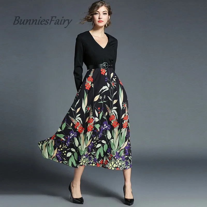 BunniesFairy/2018 весеннее женское элегантное модное платье миди с цветочным принтом и