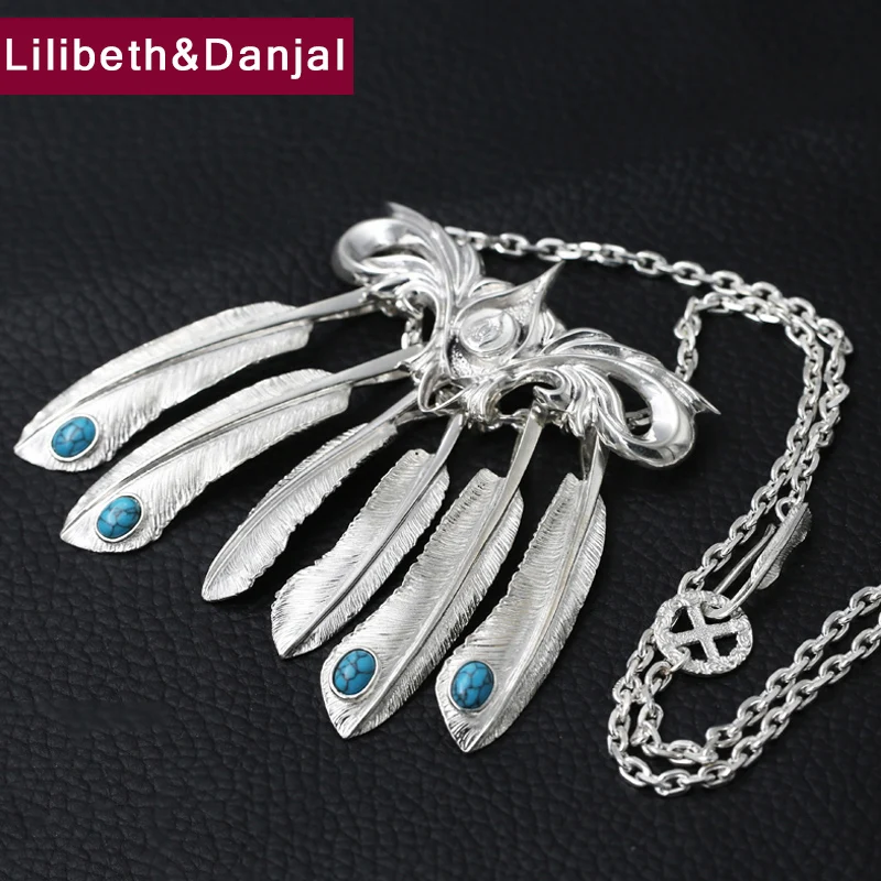 Ожерелье мужское из серебра 2019 пробы с инкрустированным бирюзовым пером и