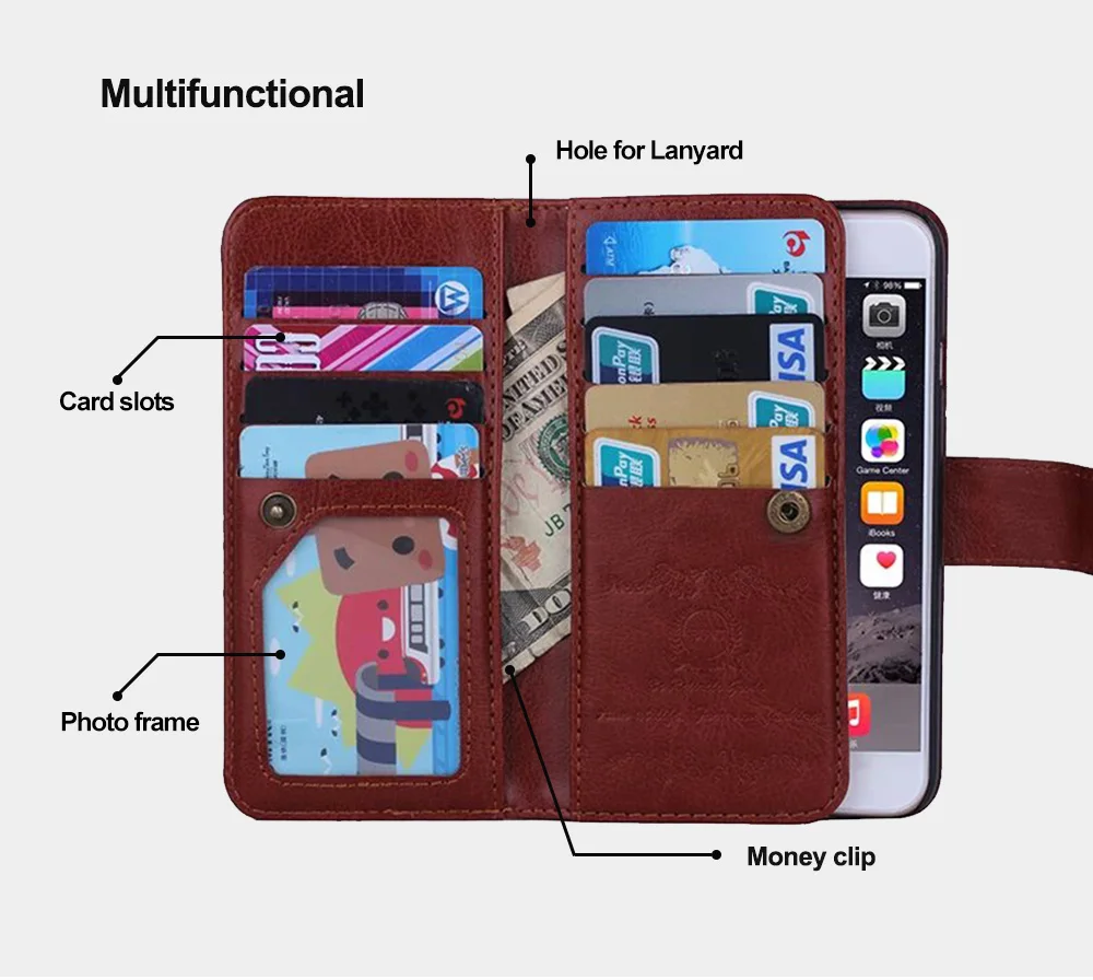 for iphone 6 case leather magnetic detachable 9 cards slots flip wallet case for iphone 11 pro max case x xr 6 plus 7 plus case free global shipping