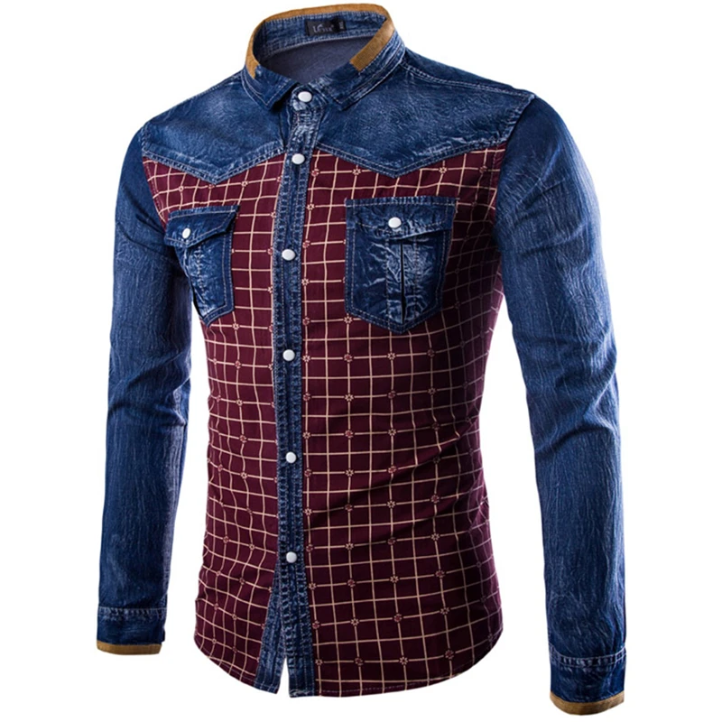 Мода 2017 г. Для мужчин Джинсовые рубашки с длинным рукавом Camisa masculina синего