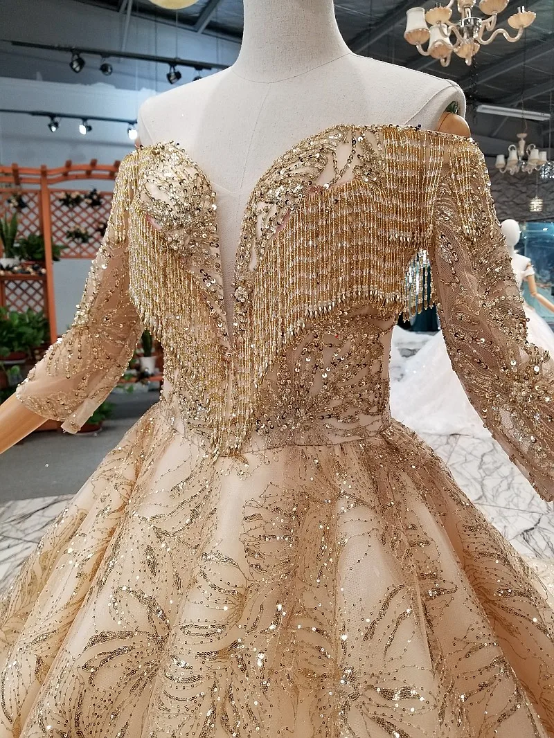 SSYFashion, новинка, роскошное Золотое свадебное платье, винтажное, высокое качество, 3/4 рукав, кружево, блестки, шлейф, вечерние платья для выпускного вечера, Vestido De Noiva