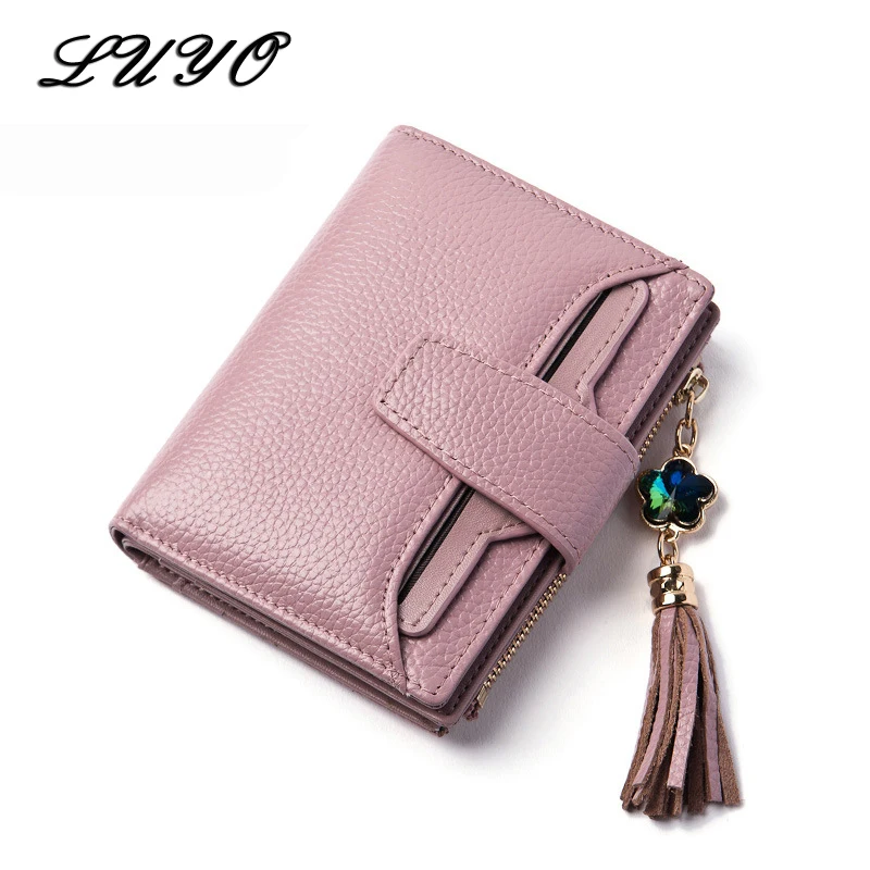 

Luyo New Arrival Real Genuine Leather Tassel Short Wallet Female Women Purse Money Three Fracture Small Carteras Mujer Brand