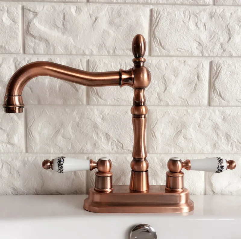 

Antique Red Copper Brass Deck Mounted Dual Ceramic Handles 4" Center Hole Bathroom Two Holes Basin Faucet Mixer Taps mrg051