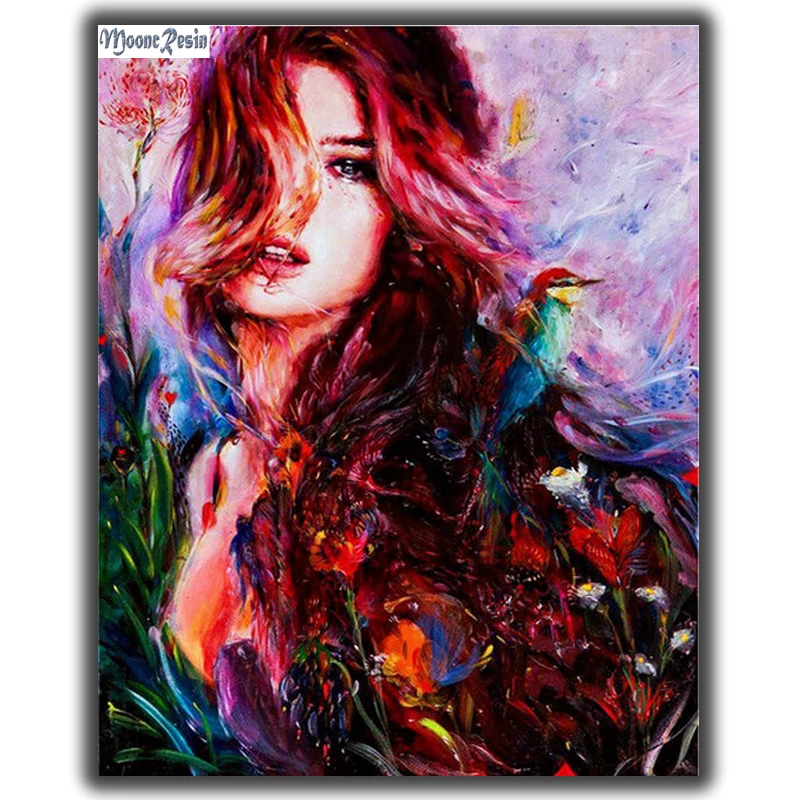 MOONCRESIN Diy Diamond Embroidery Red Hair Beauty Diamond Mosaic Round Rhinestone Diamond Painting Cross Stitch Decoration Gifts