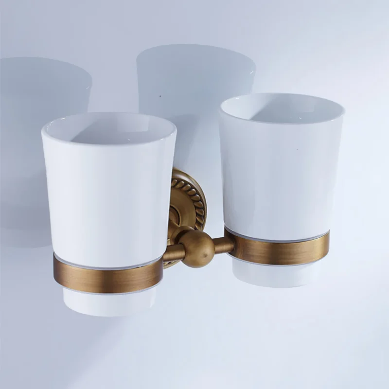 double cup holder Бронзовые аксессуары для ванной комнаты, антикварный держатель для туалетной щетки, винтажный держатель для туалетной бумаги в рулоне, керамический двойной держатель для чашки, латунная мыльница - Цвет: double cup holder