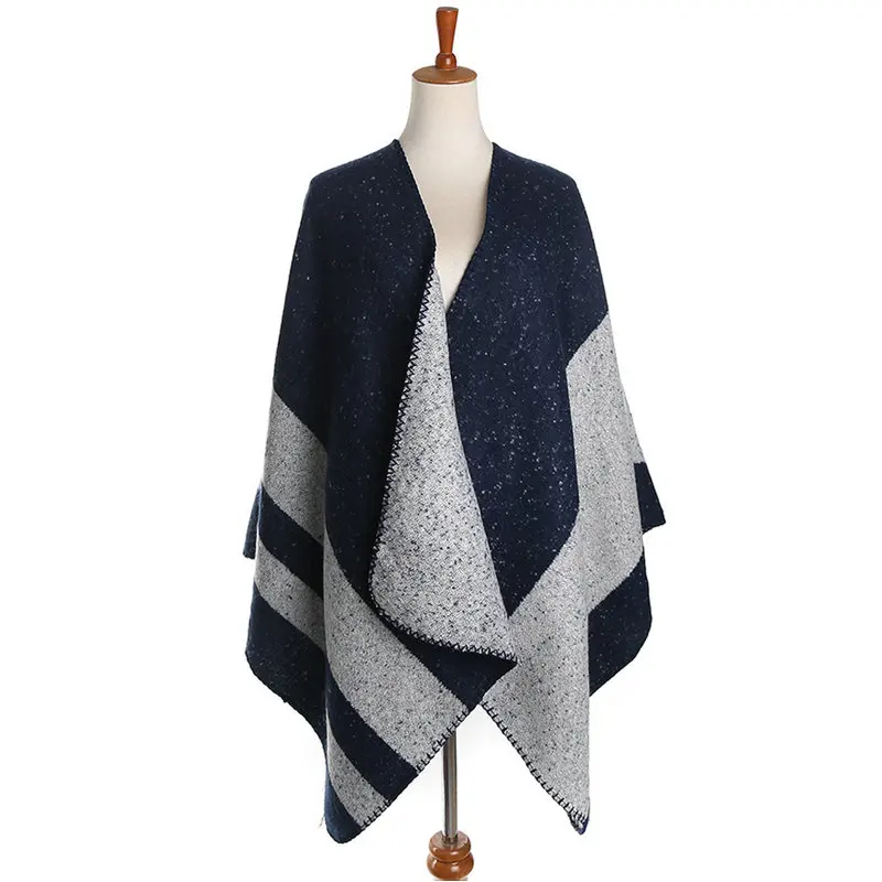 Плотное теплое пончо темно синего цвета зимний этнический шарф шаль