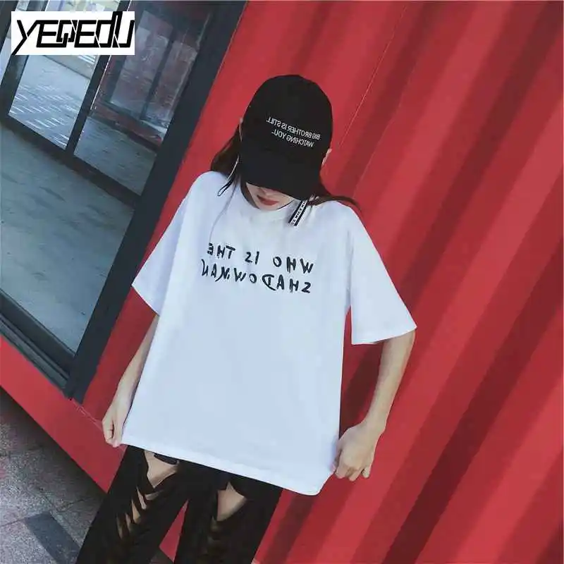 #3858 свободные с коротким рукавом футболка женщин черный/белый Harajuku Хип хоп улица