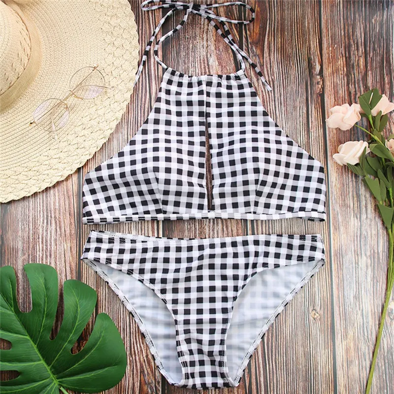 Женский комплект бикини на завязках в клетку купальный костюм из двух предметов