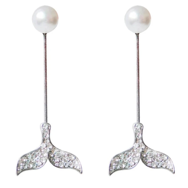Whale Fishtail Pearl 925 Sterling Silver Temperament Micro-inlay Personality Fashion Female Dangle Earrings SEA306 | Украшения и
