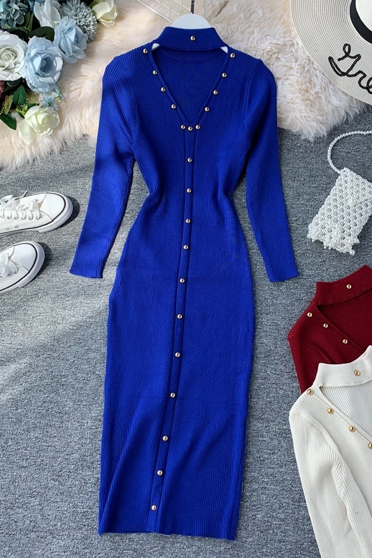 Женское трикотажное платье с длинным рукавом и V образным вырезом|Женские платья|