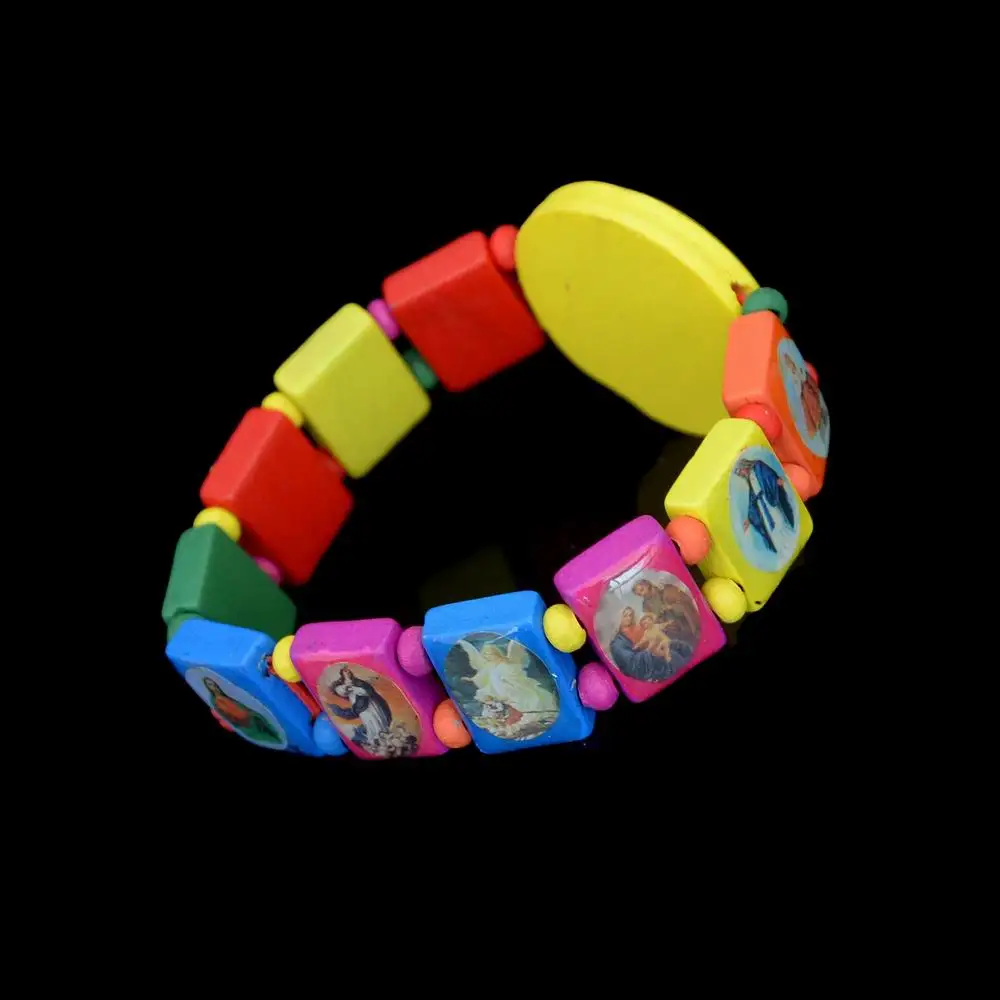 Кристиан Красочные Прямоугольник Бисера Упругие Браслеты Вуди Четки Иисус