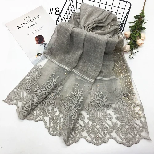 8 light grey Кружевной вышитый цветок шарф хиджаб золотые стразы по краям шали Модные женские шарфы шали бренда мягкий шарф 16 цветов - Цвет: 8 light grey