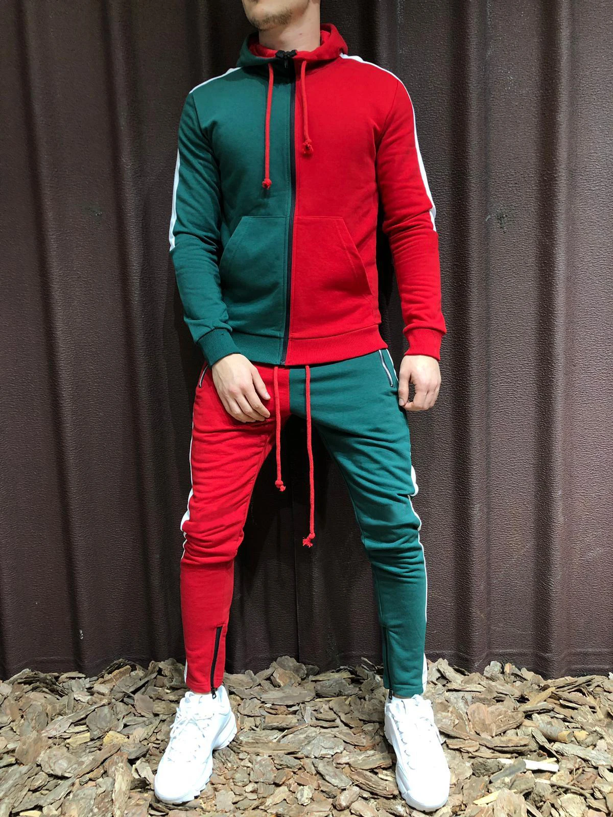 Green red WENYUJH, осенний спортивный костюм из 2 предметов, мужская повседневная Лоскутная спортивная одежда, комплект, толстовки, толстовка, тренировочные штаны, мужской спортивный костюм для бега, ropa hombre - Цвет: Green red