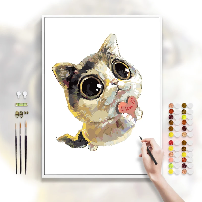 Сладкий ручная роспись собака Kiss Cat маслом по номерам DIY милые животные