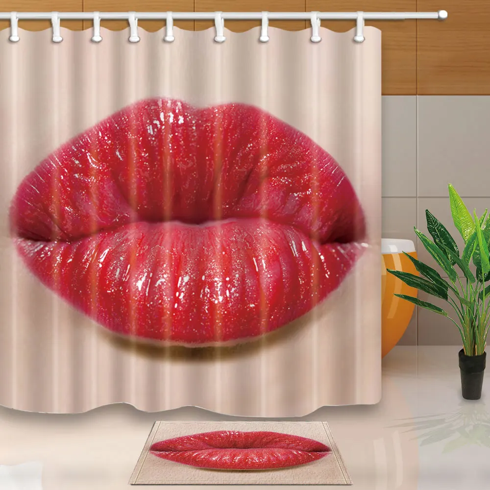 

Fabric Shower Curtains Fashion Girl with Red Hair Black and White Stripes Bathroom Curtain Waterproof Mildew Proof With 12 Hooks