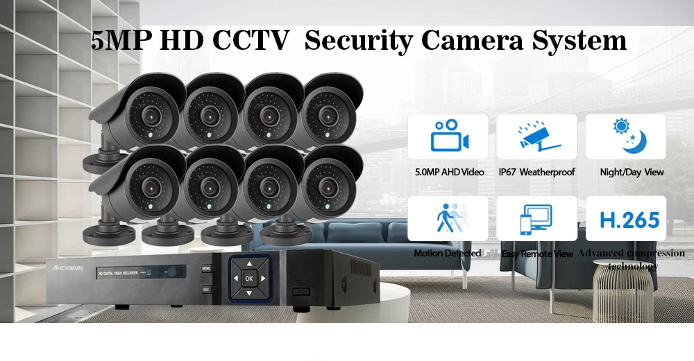 5MP CCTV система 8CH DVR комплект 8 шт. 5MP Низкая освещенность камеры Металл водонепроницаемый открытый Крытый AHD CCTV камера Система дистанционного просмотра