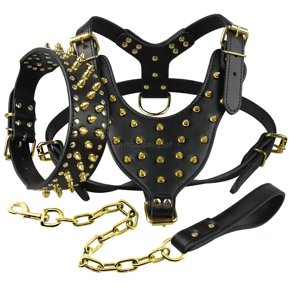 Leather Dog Harness Spiked Studded Dog Pet Collar Harness and Chain Leash Set for Medium Large Xlarge Breeds Pitbull Mastiff