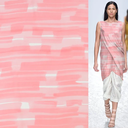 Pure silk Crepe DE chine fabric Lovely Pink and white striped design SCDC921 | Fabric