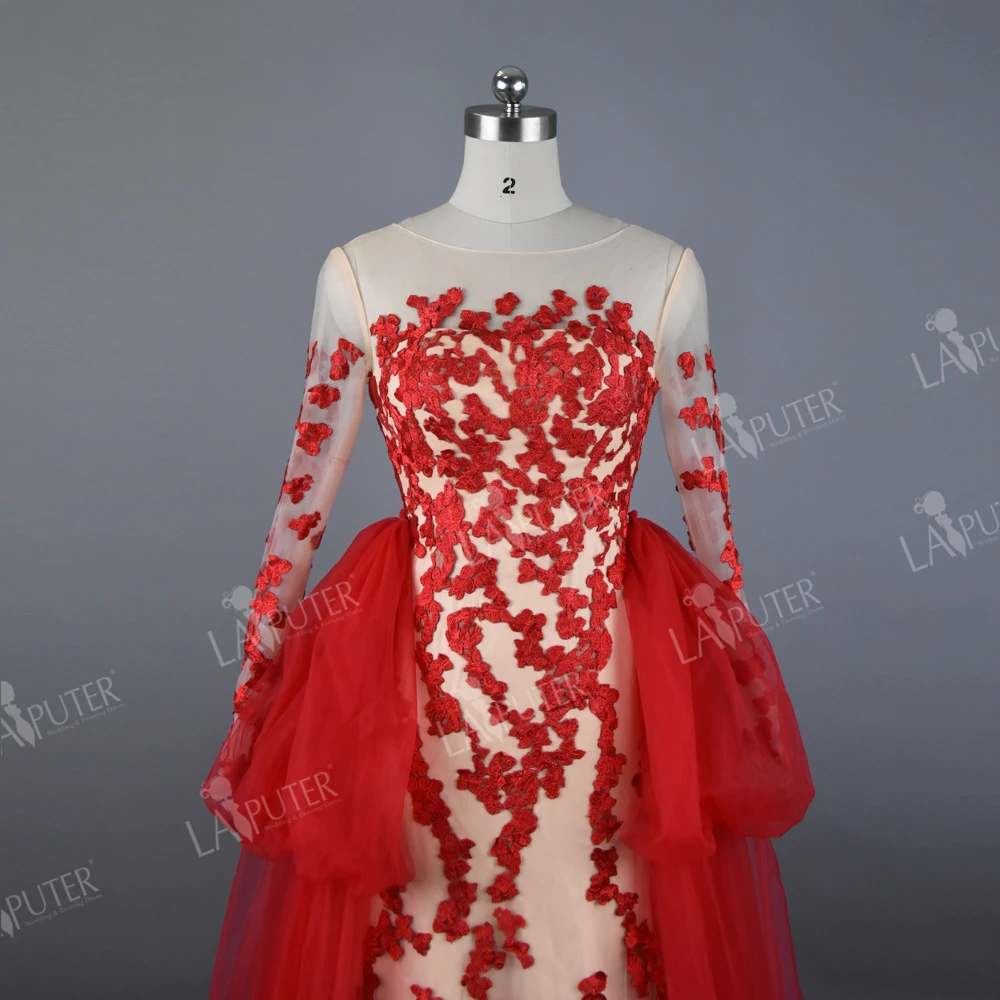 Real Photos Sheer O-neck Tulle Red Evening Dress with Puffy Removable Skirt Lace Applique Floor Length Prom Party Arabic | Свадьбы и