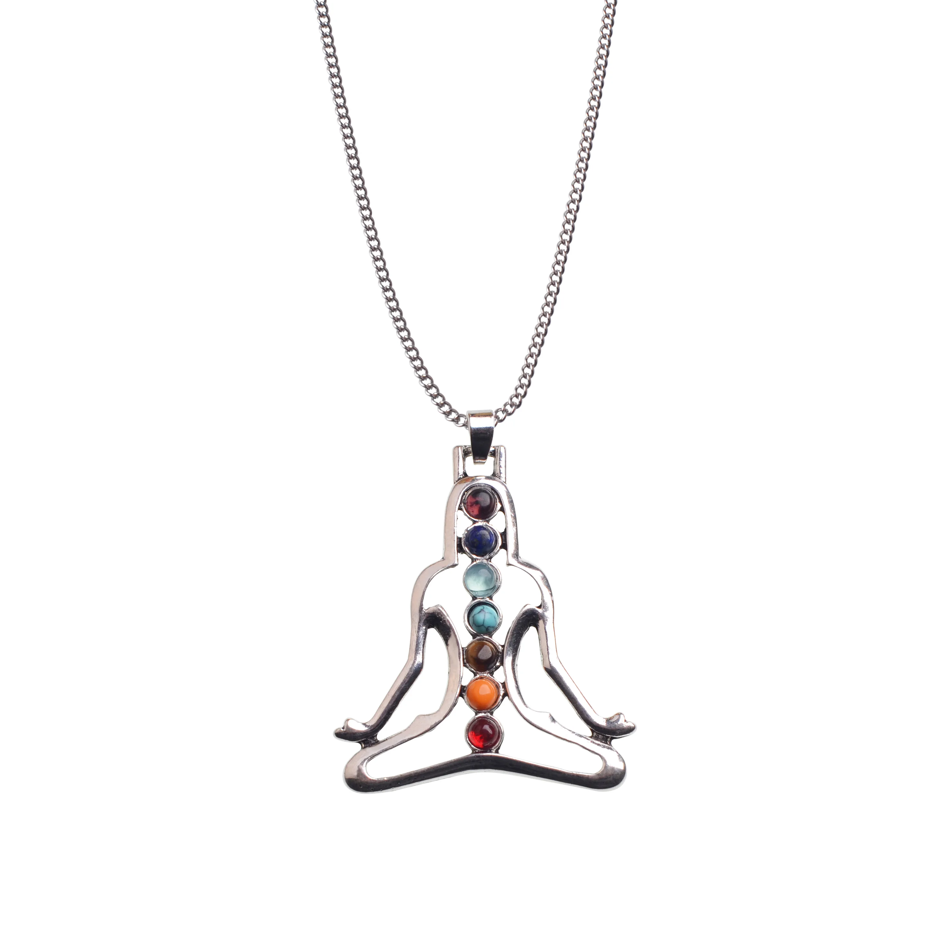 New Indian Meditation Seven Chakras with Natural Seven Gems Pendant Silver Handmade Pendant Necklace Humanoid Yoga Pendant