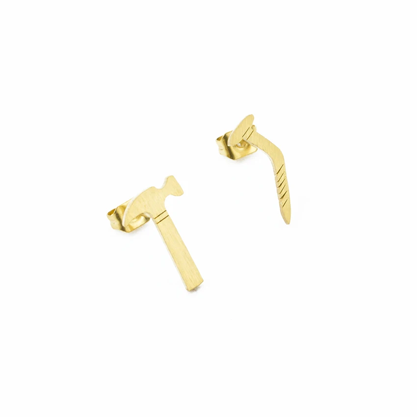 Золотые минималистичные серьги-гвоздики в виде молотка и ногтей для женщин