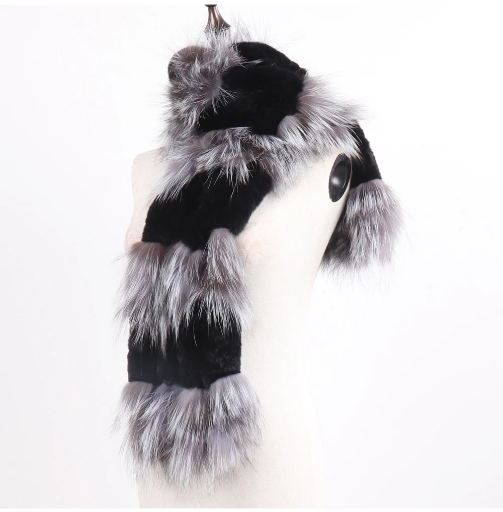 Hot Sale Women Fashion Real Silver Fox Fur Scarf Natural Warm Rex Rabbit Fur Muffler Lady Winter Genuine Fur Scarves