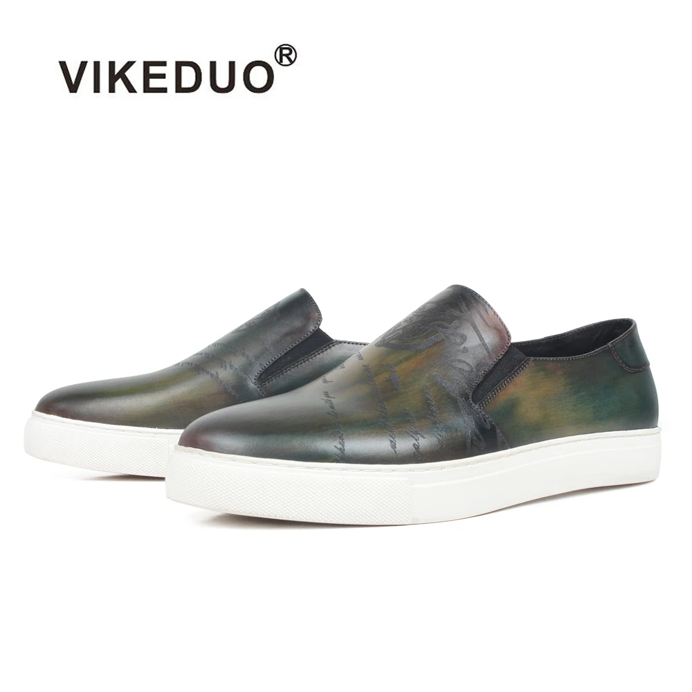 VIKEDUO New Flats Shoes For Men Casual Patina Leather Sneakers Luxury Engraving Mans Sports Footwear Bespoke Zapato Hombre | Обувь